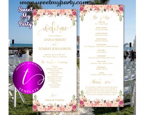 Floral Wedding Program tea length template, design 057w